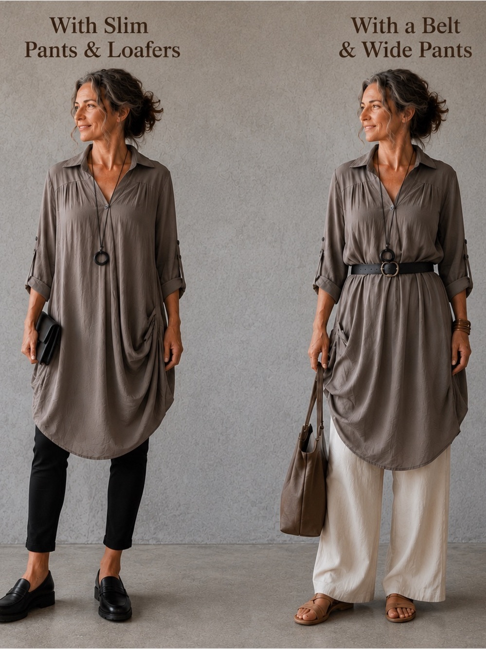 Lagenlook Draped Tunic Dress Taupe Gray Asymmetrical Art-to-Wear